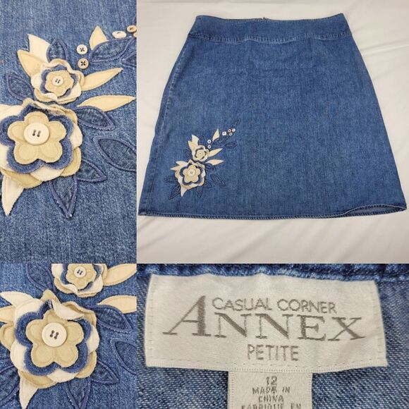 12P VINTAGE Boho CASUAL CORNER FLORAL APPLIQUE FLOWER DENIM JEAN SKIRT 12 PETITE - Picture 5 of 13